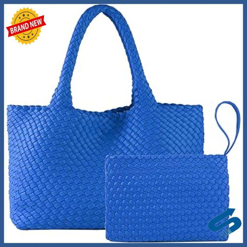 Large Vegan Leather Woven Tote Bag with Small Purse, Magnetic Closure